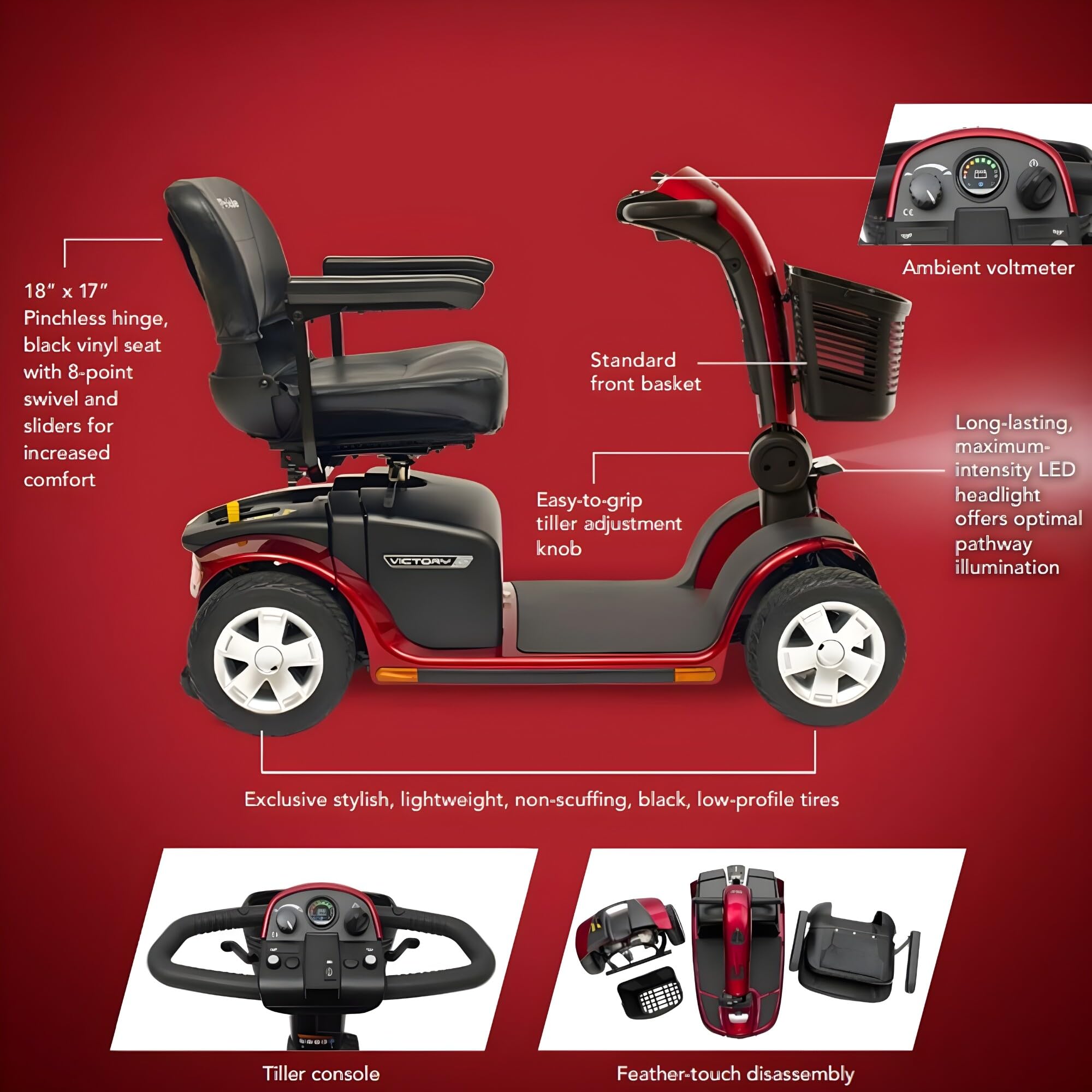 Pride Mobility Victory 10 4-Wheel Scooter - Comfort Mobility for Adults, 40 Ah Battery, 400 Lbs Weight Capacity, Candy Apple Red, 18"x17" Fordable Seat - SC710