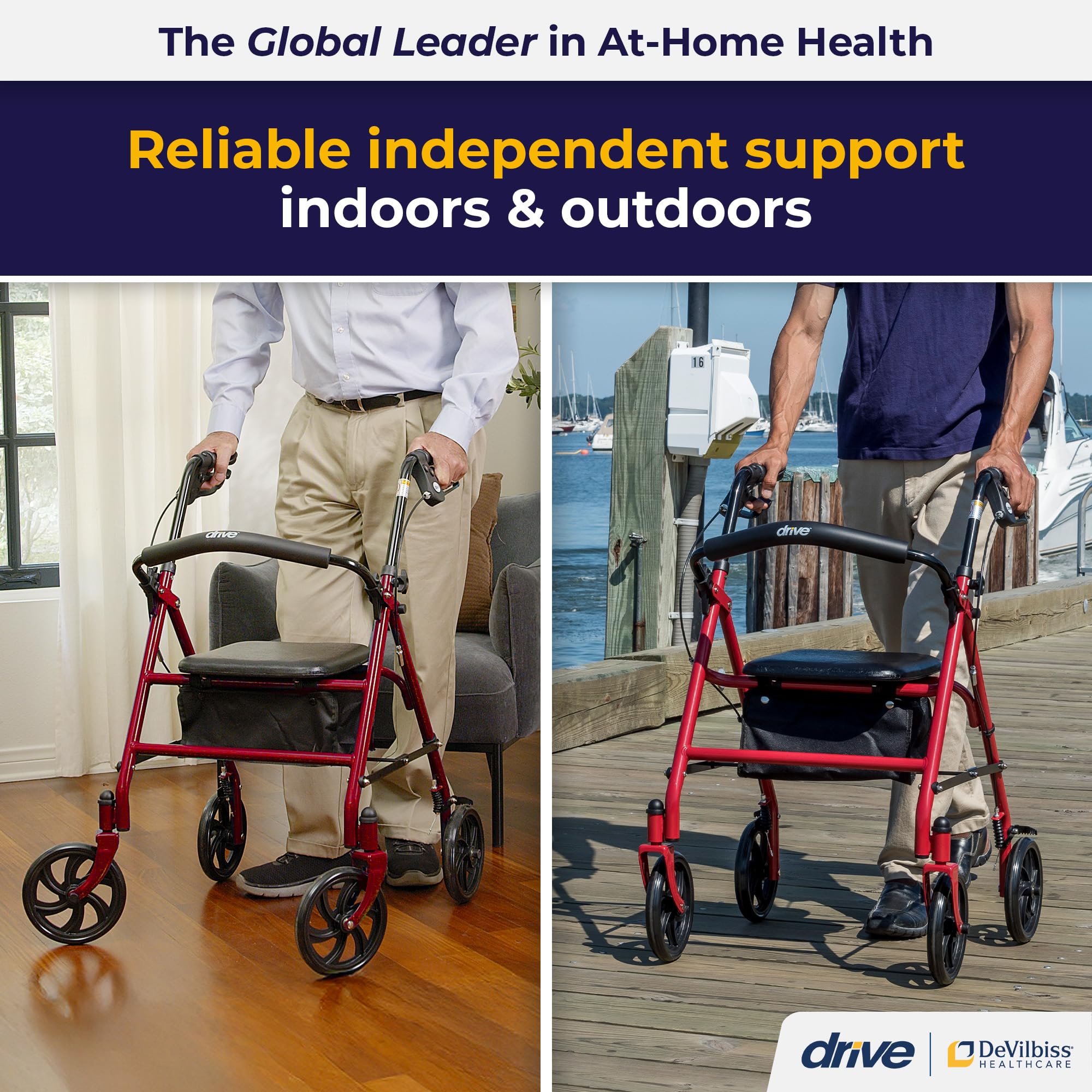 Drive Medical Rollator Walker with Seat - Stable Mobility Support - Height Adjustable - Durable Steel Frame Construction - Smooth 7.5" Wheels - Foldable Frame - 350 Lb Limit - Red