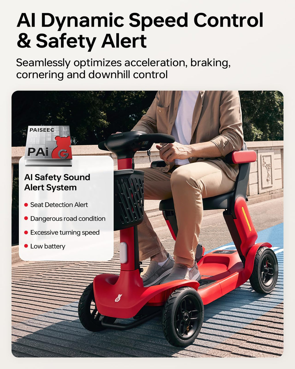 Paiseec Powered Mobility Scooter S3, Removable Battery Foldable Electric Scooter with AI Safety System, Folding Mobility Scooter for Adults Seniors, 25 Miles 6 MPH 300 lbs, All Terrain, Slope Safety