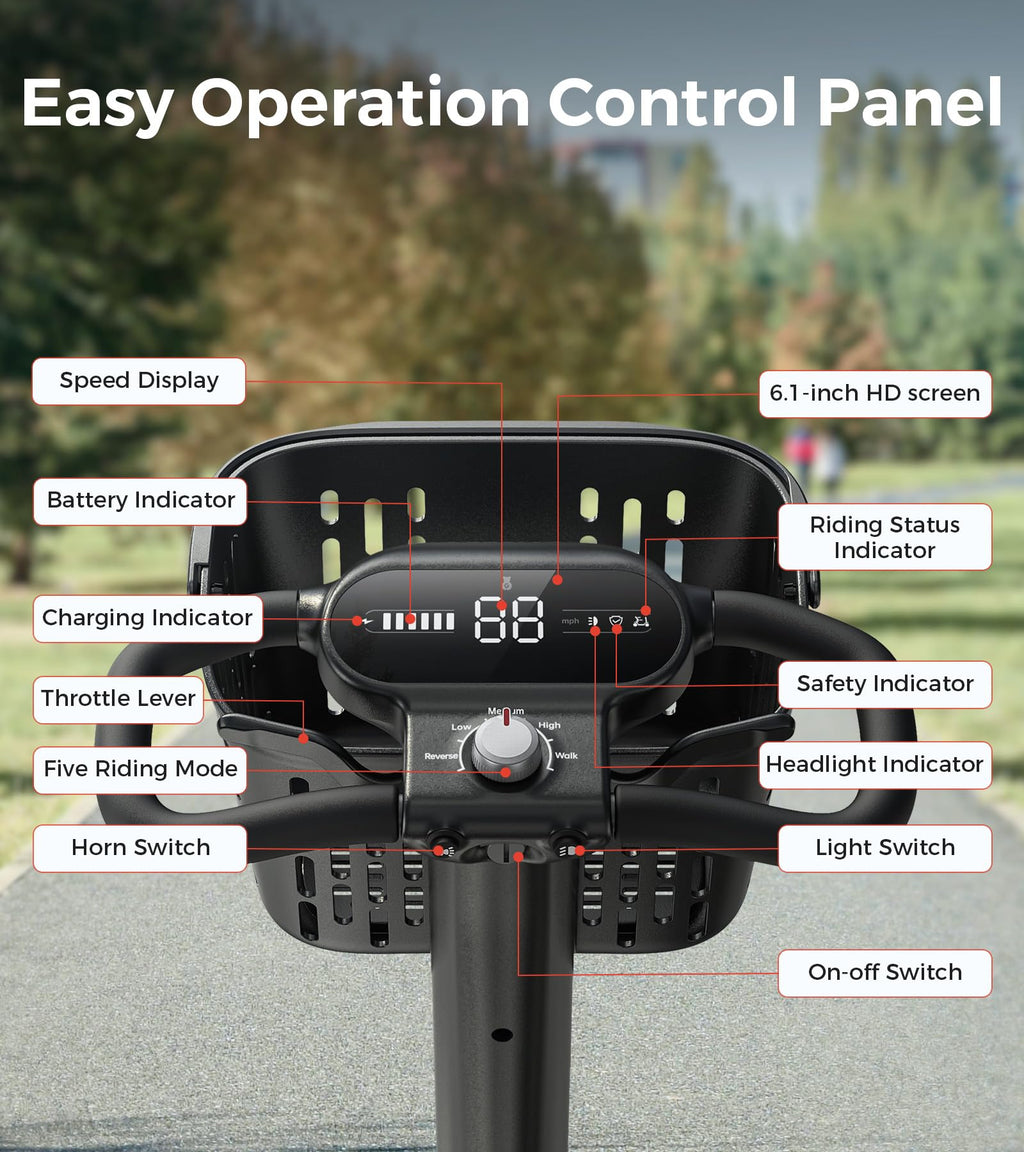 Paiseec S1 Mobility Scooter for Adults, Seniors - 25 Miles Range, 6 mph, Powered Mobility Scooter with Good Legroom, Large Wheels for Outdoor, Smart Safety Features, Headlight, Basket