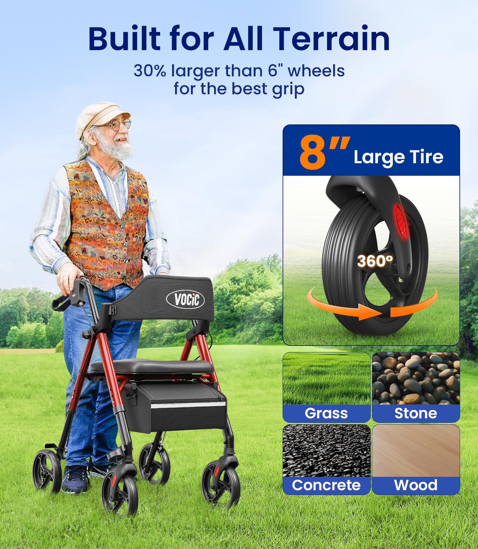 VOCIC Walkers for Seniors, Z21 Rollator Walker with Seat Supports 350lb, 8" Big Wheels for All Terrain, Ergonomic Arc Seat & 6" Ultra Backrest Foldable Walker, Dual Height Adjustment, Lightweight 2025