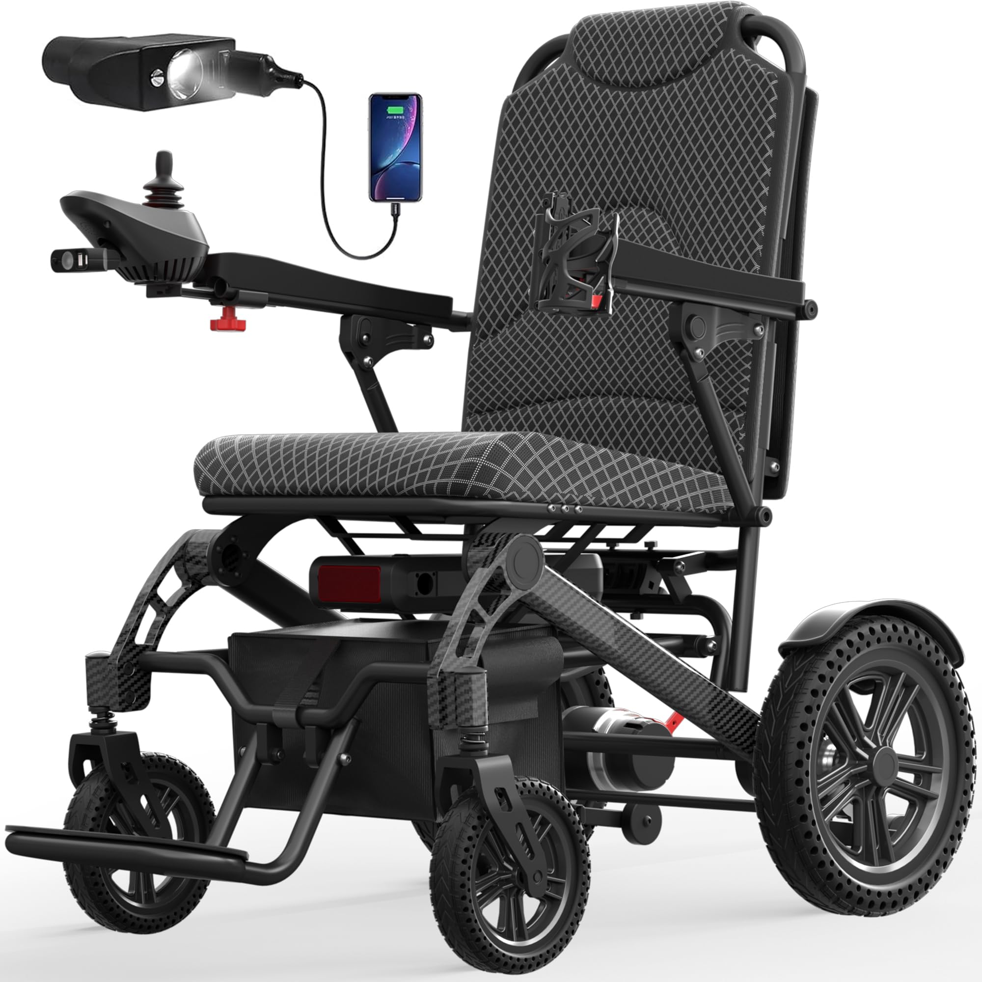 Electric Wheelchairs for Adults, Foldable Power Wheelchair Support 350 LBS, 15 Miles Long Travel Range, All Terrain Compact Motorized Wheelchair for Seniors, Storage Bag & LED Light