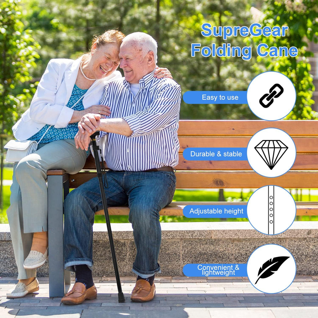 supregear Folding Cane, 5-Level Adjustable Height Walking Stick Lightweight Collapsible Portable Travel Cane with Wrist Strap and T Handle for Elderly Disabled Men Women, Black