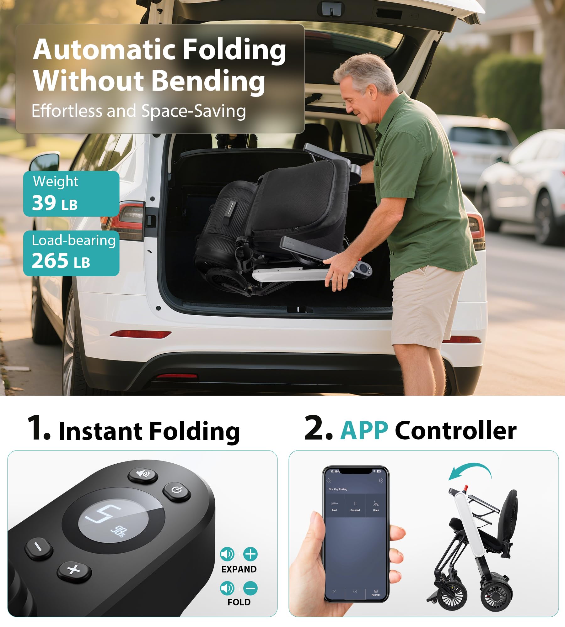 Goldseason Electric Wheelchair for Adults, Fully Automatic Folding & Unfolding, APP Bluetooth Remote Control, Ultra-Light Smart Powered Wheelchair Ideal for Seniors/Travelers (White)