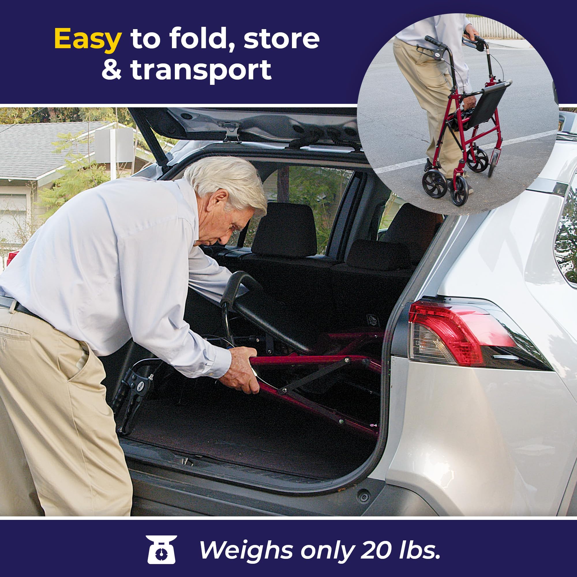 Drive Medical Rollator Walker with Seat - Stable Mobility Support - Height Adjustable - Durable Steel Frame Construction - Smooth 7.5" Wheels - Foldable Frame - 350 Lb Limit - Red