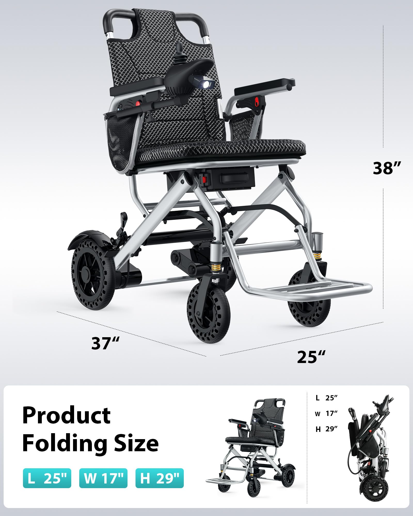 33 Lbs Lightweight Electric Wheelchair, Electric Wheelchairs for Adults Foldable, 15 Miles Range Motorized Wheelchair for Seniors, All Terrain Compact Portable Power Wheelchair, 330 Lbs Capacity