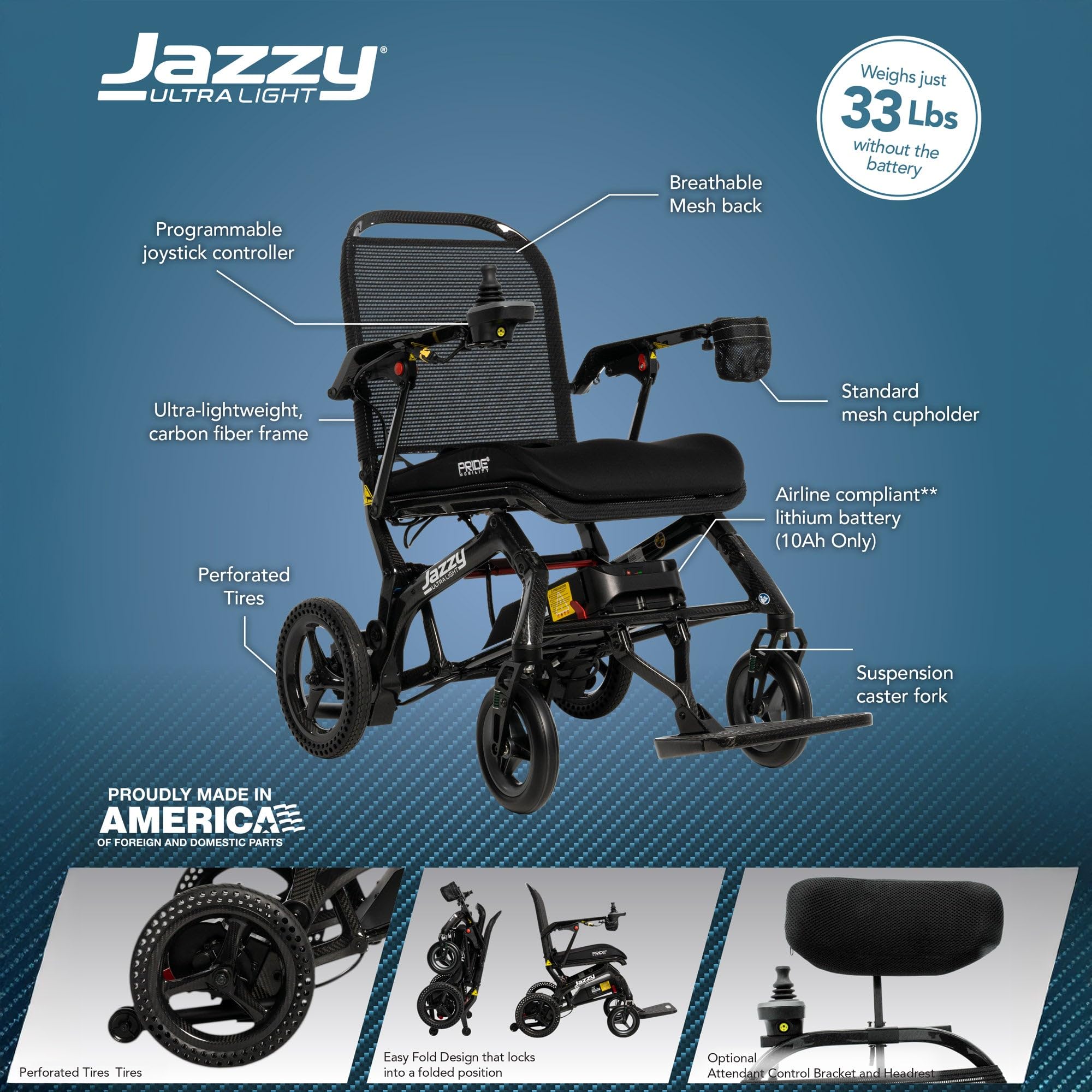 Pride Mobility Jazzy Ultra Light Folding Travel Power Chair - 300 lbs Capacity, 3.69 mph, Lightweight Foldable Electric Wheelchair for Travel Seniors, Adults – 20Ah Extended-Range Battery (Black)