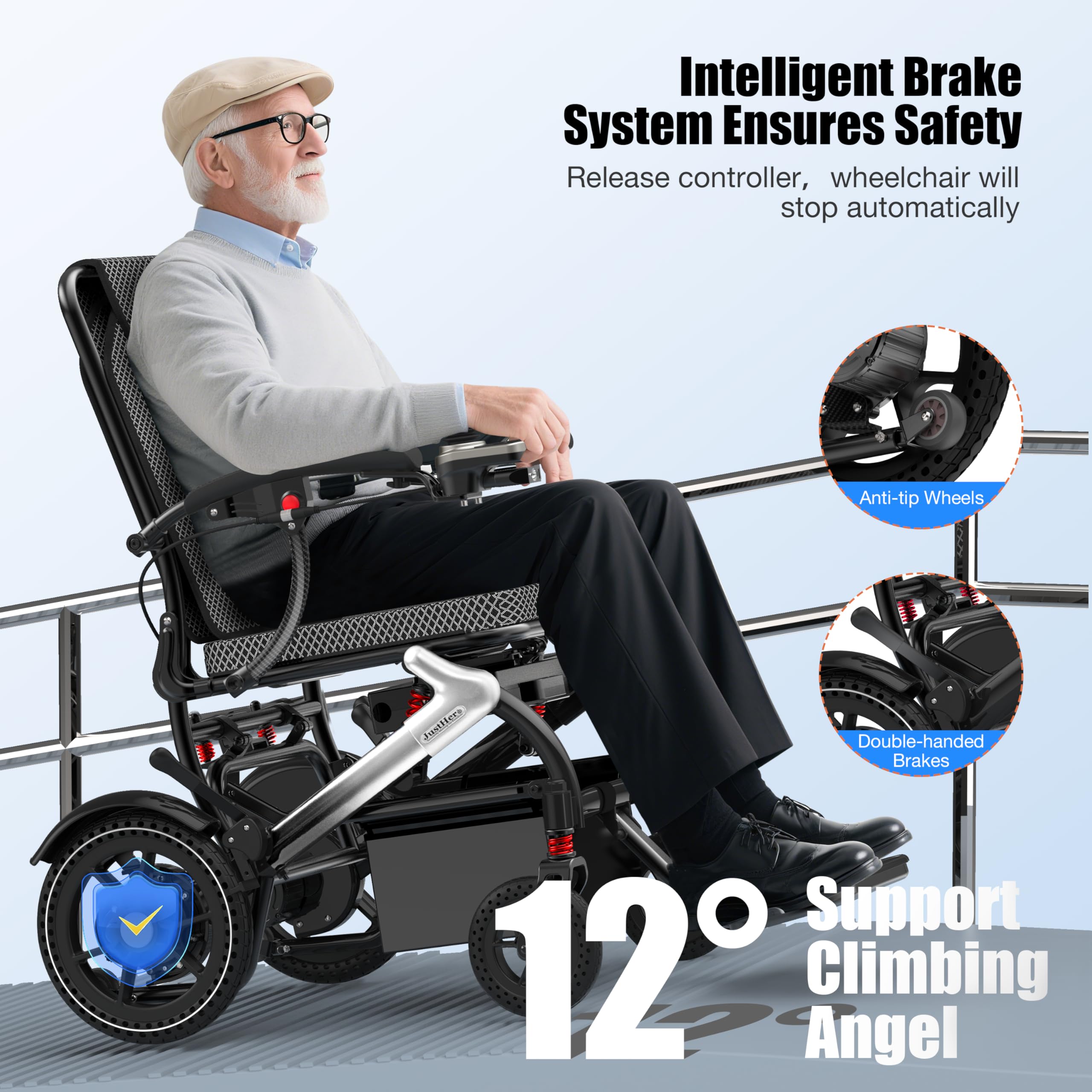 Electric Wheelchairs for Adults Foldable 36LBS Lightweight, 15 Miles Travel Range, Max Support 350 LBS, 500W Brushless Motors Power Motorized for Seniors with LED Light, Airline Approval-Silver Color