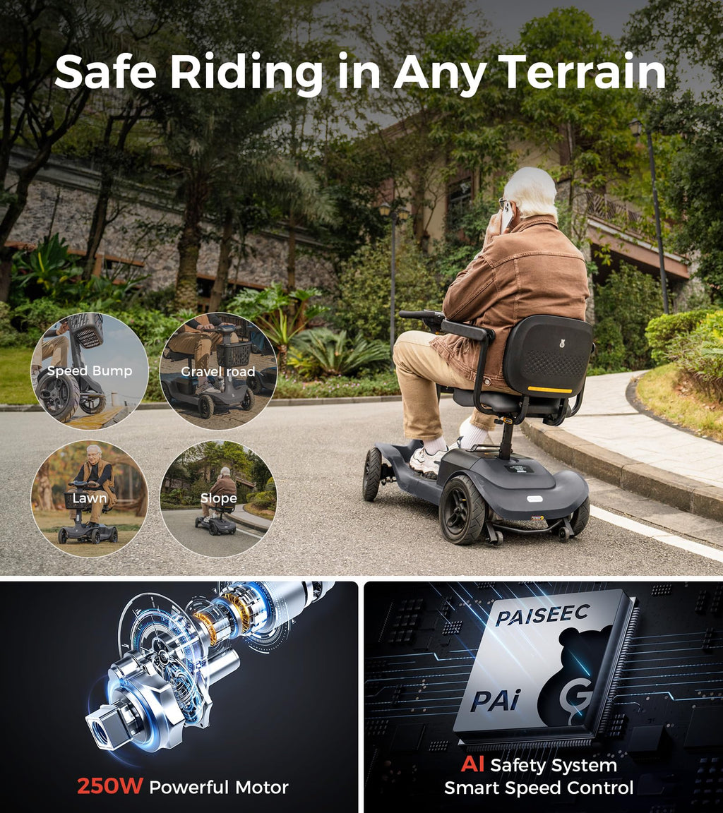 Paiseec S1 Mobility Scooter for Adults, Seniors - 25 Miles Range, 6 mph, Powered Mobility Scooter with Good Legroom, Large Wheels for Outdoor, Smart Safety Features, Headlight, Basket
