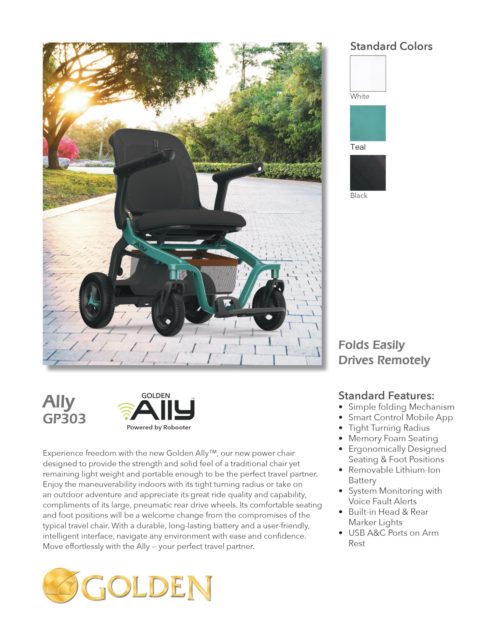 Golden Technologies Golden Ally Manual Folding Power Wheelchair - Memory Foam Seat - USB Port - Removable Lithium Battery - Smart Control Mobile App - Airline Approved - 56 lbs. Total (Teal)