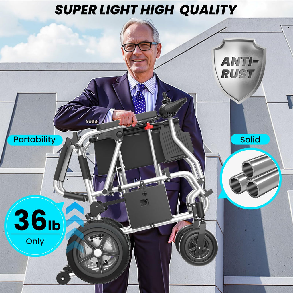 Lightweight Electric Wheelchair, 39lb Aluminum Motorized Power Wheelchair for Home, 15+ Miles Long Travel Range with Lithium Battery, All Terrain Foldable Wheelchair for Seniors Portable