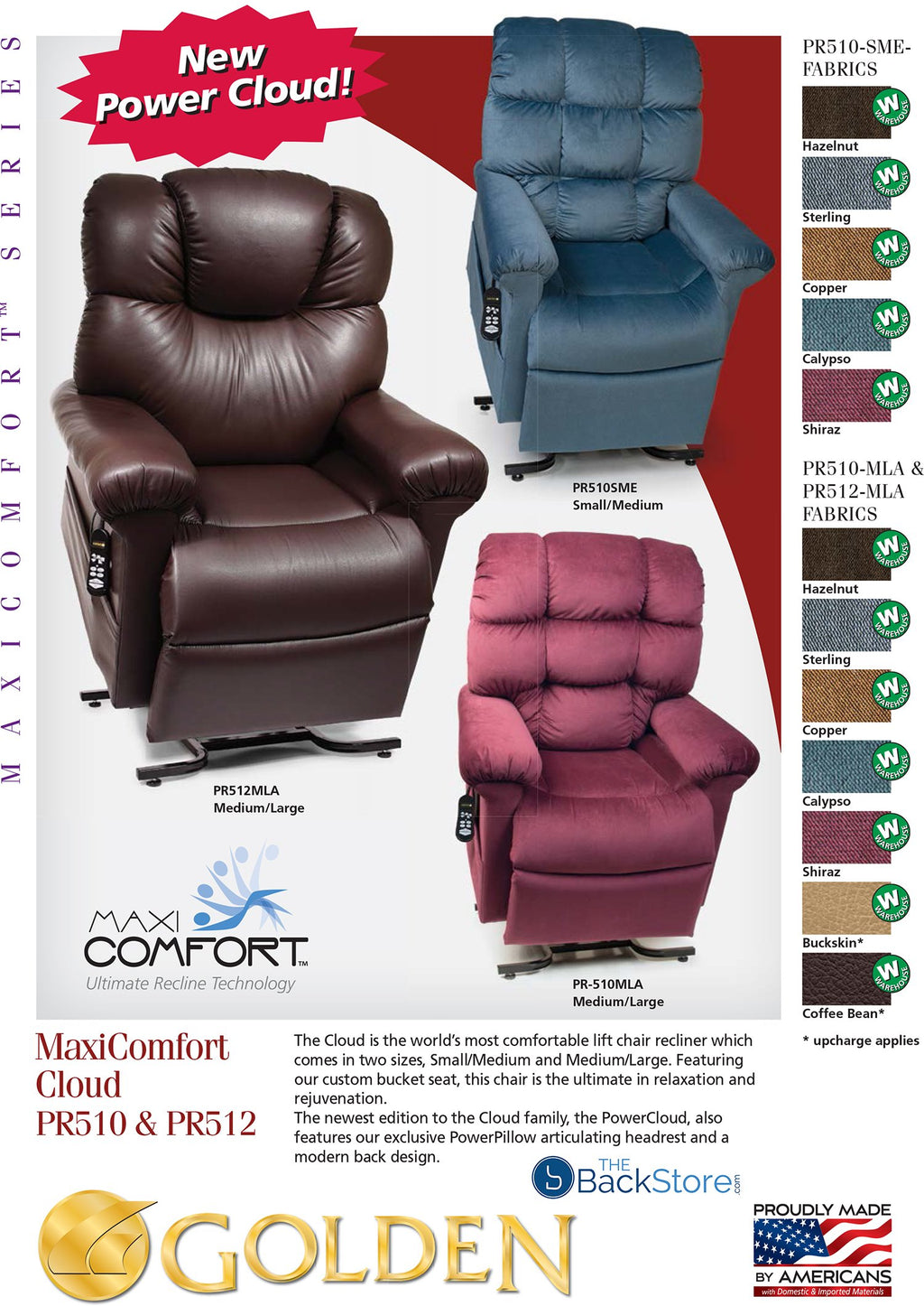 MaxiComfort Series Golden Technologies Cloud PR510 MLA Medium/Large Dual Motor Infinite Position Lift Chair Zero Gravity Recliner - Calypso Fabric