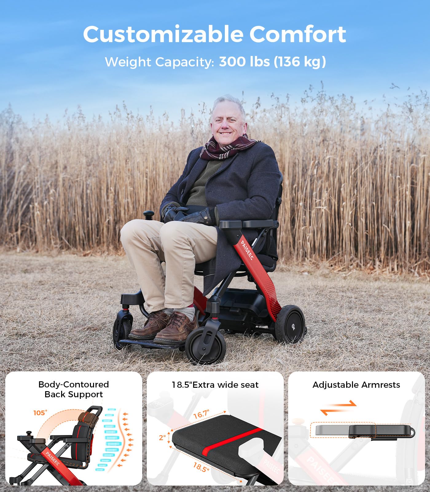 Foldable Electric Wheelchair for Adults & Seniors, Power Wheelchair Walker Combo with Height-Adjustable Handles, Airline Approved, Travel Size, 18 Miles Range, Motorized Wheelchair, Red, Paiseec W1