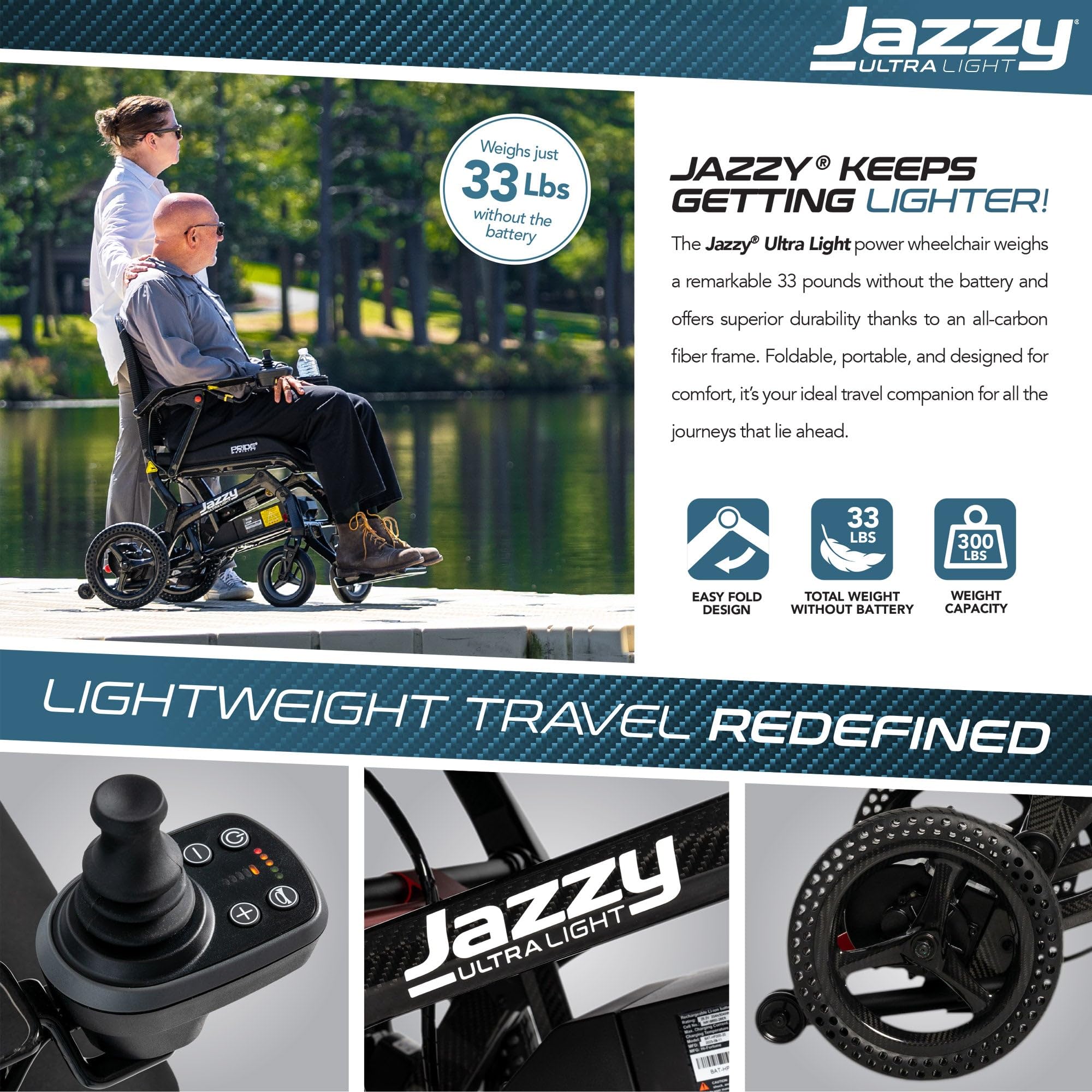 Pride Mobility Jazzy Ultra Light Folding Travel Power Chair - 300 lbs Capacity, 3.69 mph, Lightweight Foldable Electric Wheelchair for Travel Seniors, Adults – 20Ah Extended-Range Battery (Black)