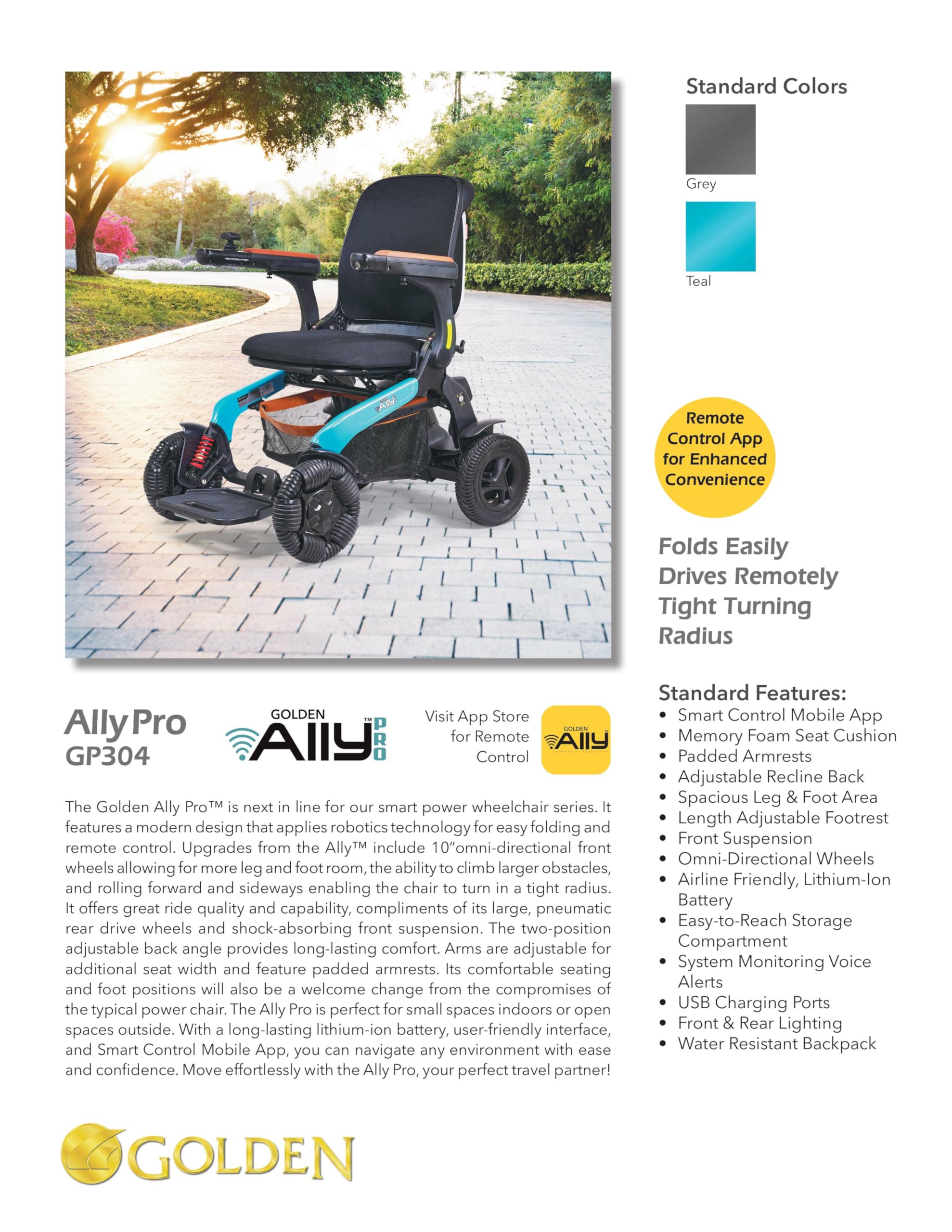 Golden Technologies Ally Pro Foldable Power Wheelchair w/ 10-inch Omni-Directional Front Wheels - Airline Approved - Suspension - 37" Turning Radius - Smart Control Mobile App (Teal)
