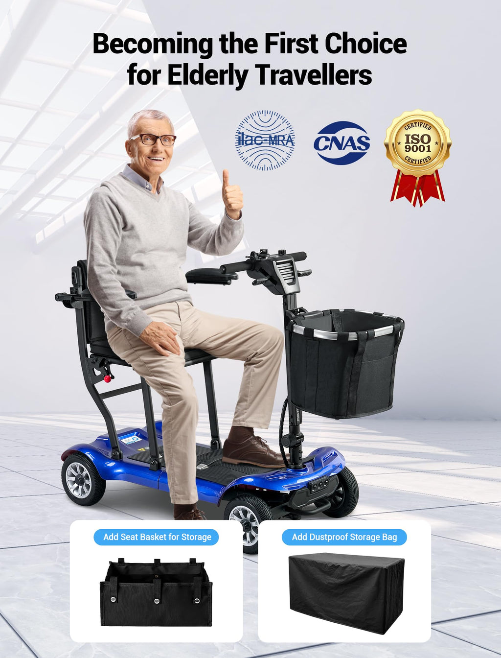 4 Wheel Mobility Scooter, Electric Mobility Scooter for Adults, Driving 22 Miles, Airlines Approved, Foldable Scooter w/249WH*2 Batteries Charger Under Seat Storage Dustproof Cover (Blue)