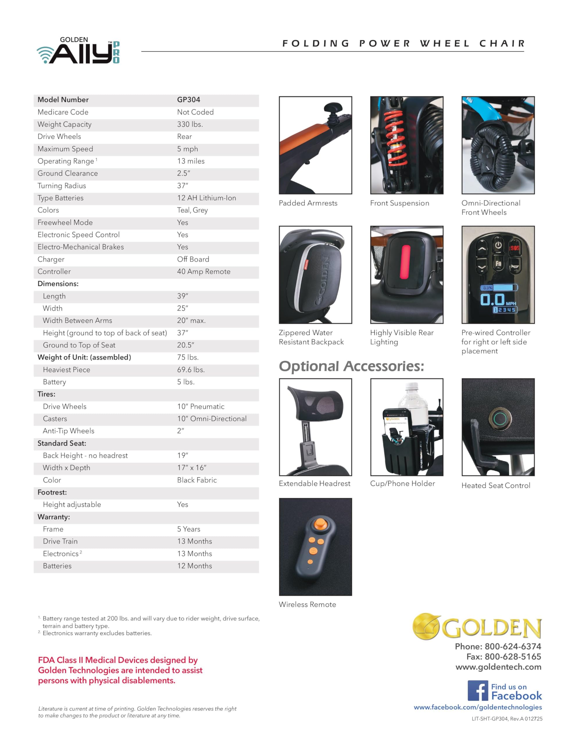 Golden Technologies Ally Pro Foldable Power Wheelchair w/ 10-inch Omni-Directional Front Wheels - Airline Approved - Suspension - 37" Turning Radius - Smart Control Mobile App (Teal)