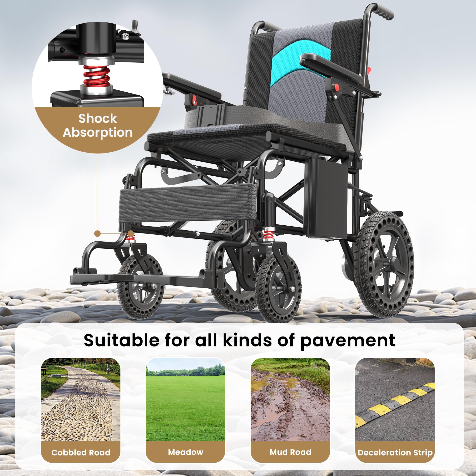 Electric Wheelchairs for Adults Lightweight 38lbs, Foldable Motorized Wheelchair for Seniors, 15 Miles Long Travel Range, All Terrain Portable Power Wheelchair Support 350 lbs(18.5 Inch Wide Seat)