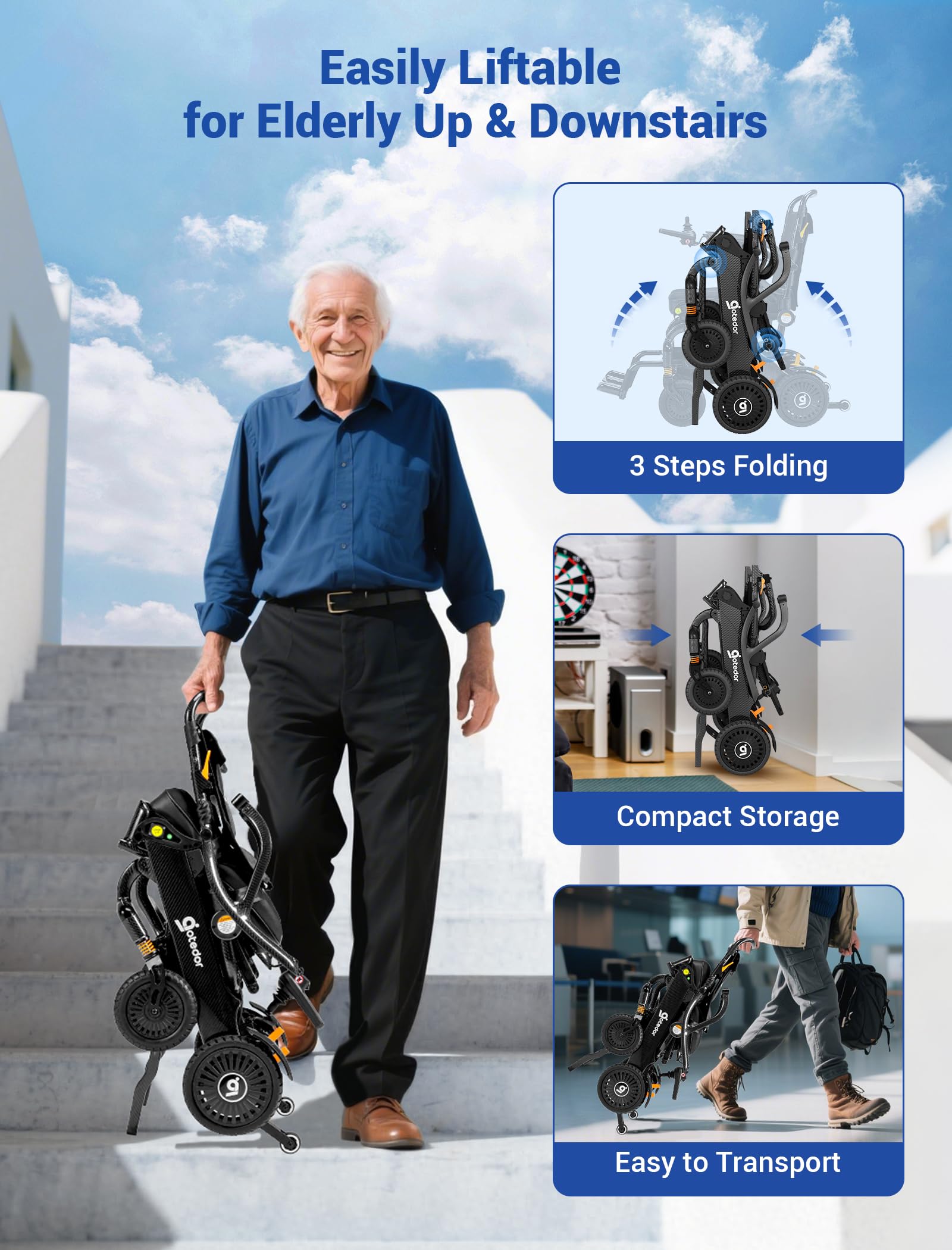 Aotedor Electric Wheelchairs for Adults Seniors,100% Full Carbon Fiber 35 lbs Lightweight Foldable All Terrain Motorized Power Wheelchair 22 Miles Travel Range with 2 Packs Batteries Airline Approved