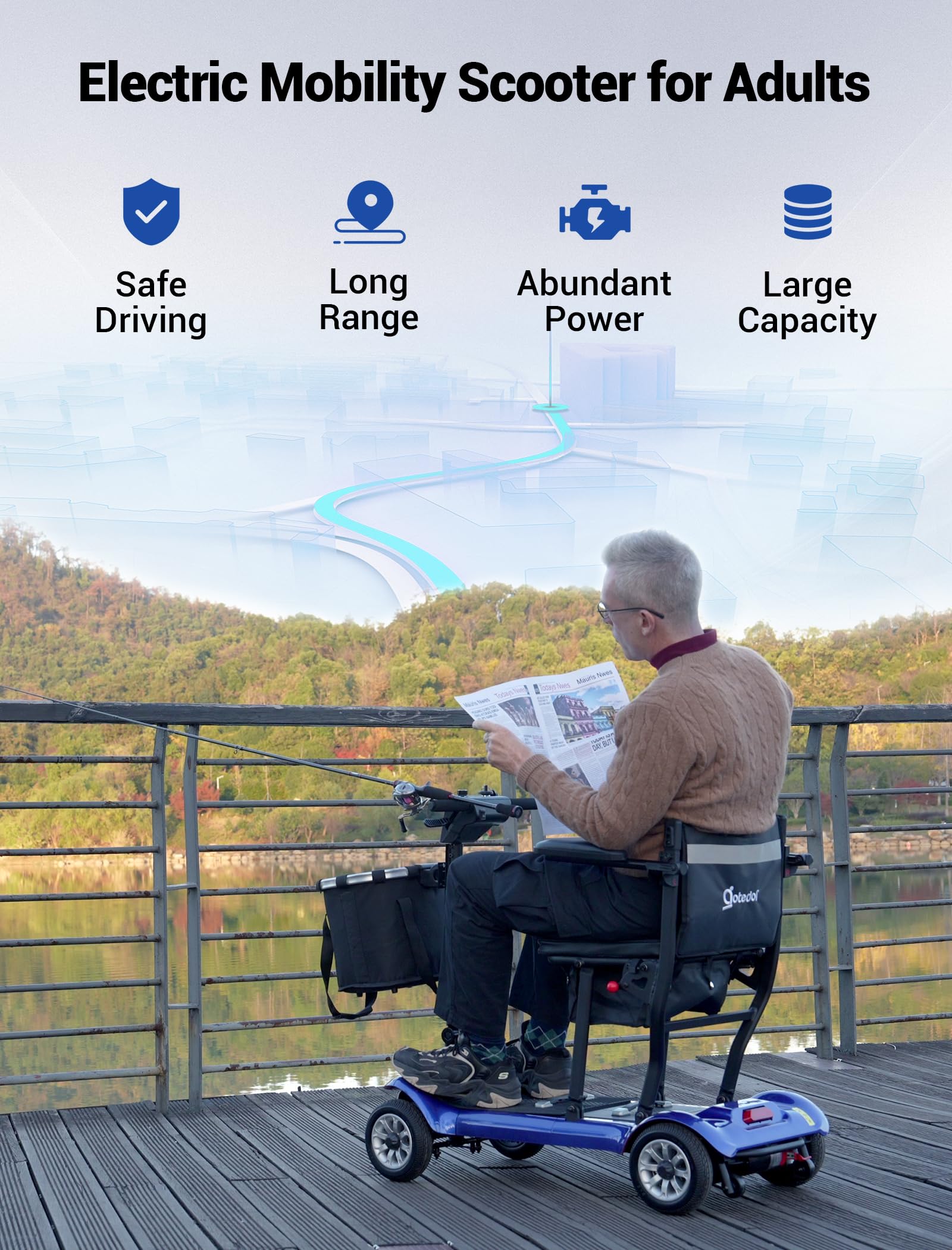 4 Wheel Mobility Scooter, Electric Mobility Scooter for Adults, Driving 22 Miles, Airlines Approved, Foldable Scooter w/249WH*2 Batteries Charger Under Seat Storage Dustproof Cover (Blue)