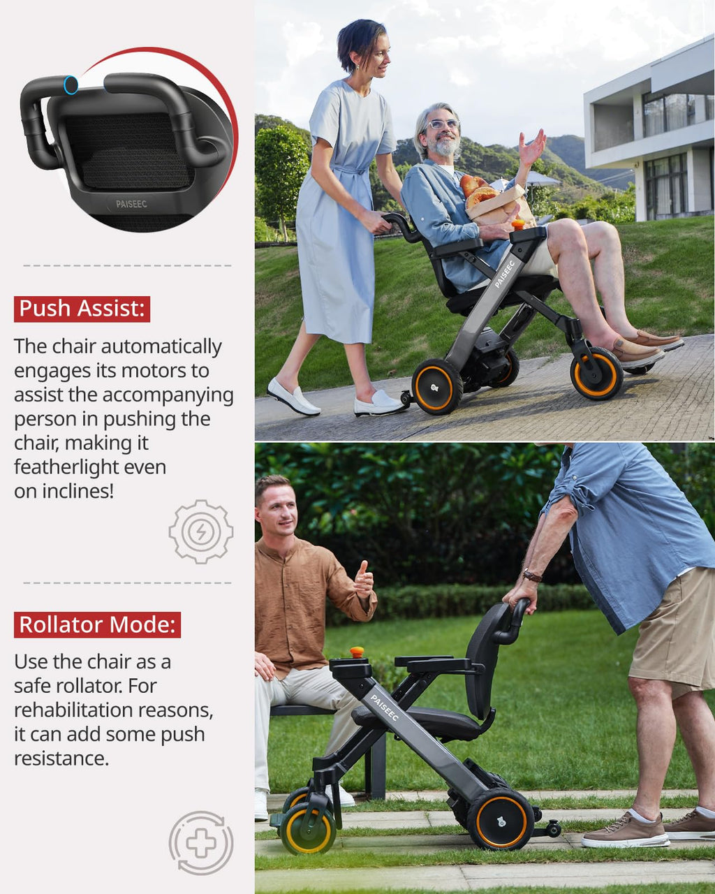 Paiseec Electric Wheelchair, Lightweight Foldable Powered Mobility Chair for Adults, 16 Miles Range, Folding Wheelchair, Push-Assist Technology, Works as Rollator