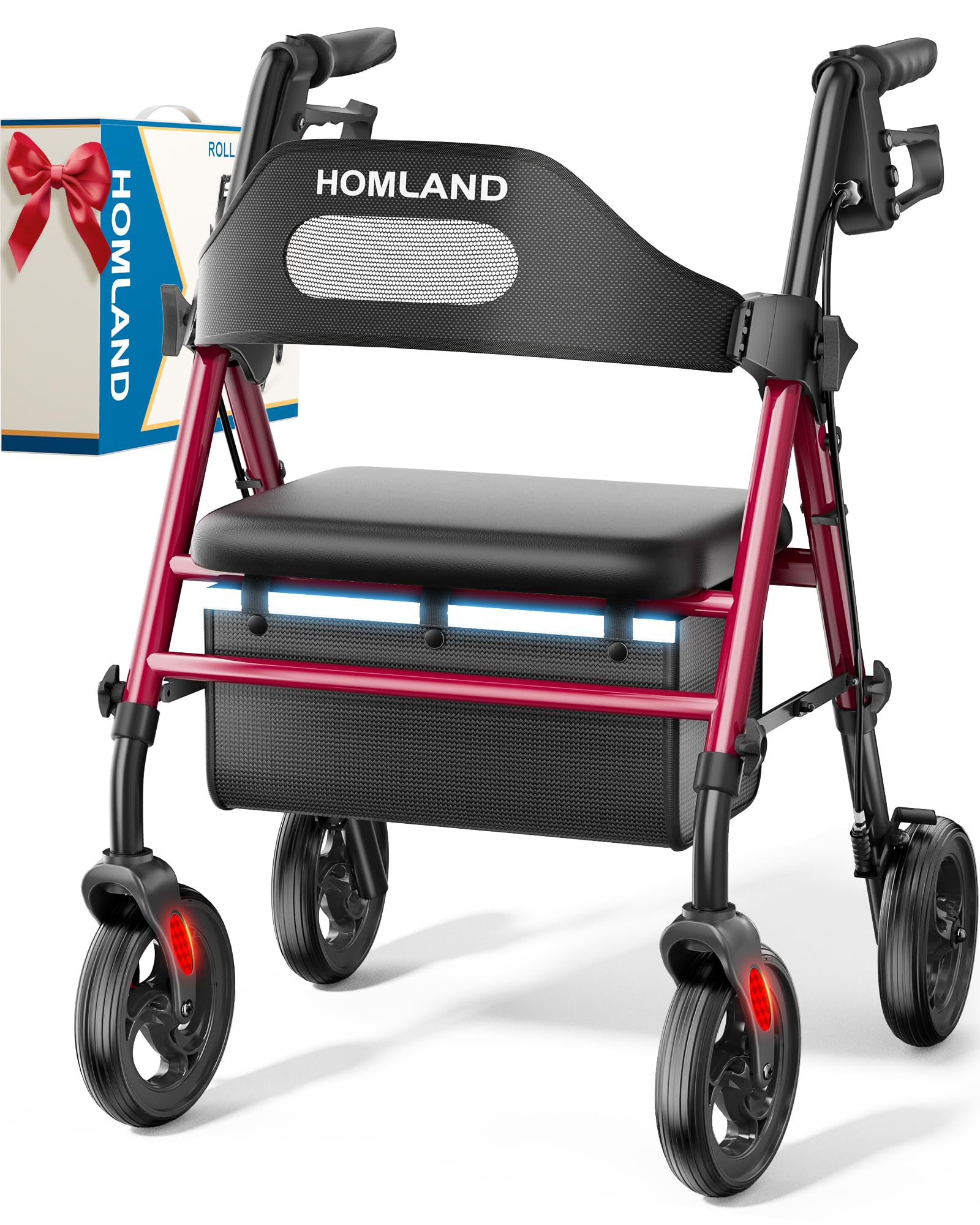 HOMLAND Foldable Rollator Walkers with Seat for Seniors, 8'' Big Wheels, 350 lb. Weight Capacity, Adjustable Handles and Seat Height, Lightweight Rolling Walker, Red