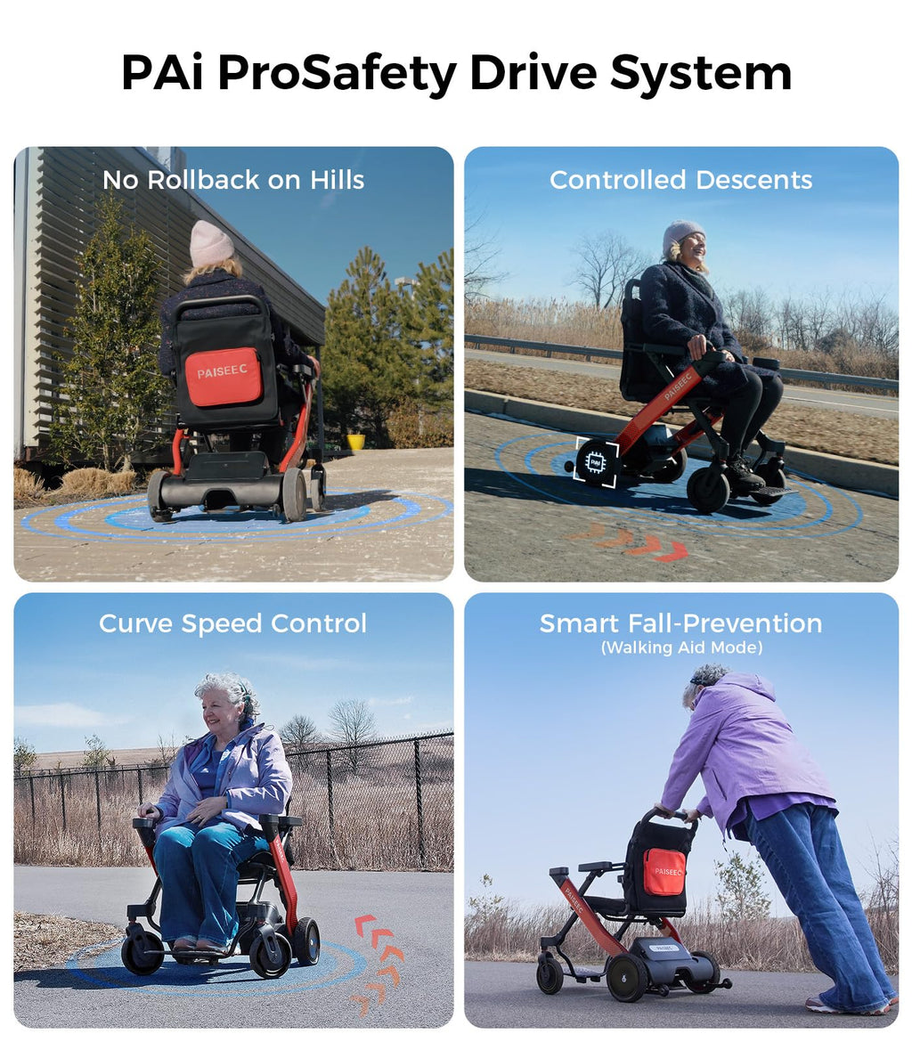 Foldable Electric Wheelchair for Adults & Seniors, Power Wheelchair Walker Combo with Height-Adjustable Handles, Airline Approved, Travel Size, 18 Miles Range, Motorized Wheelchair, Red, Paiseec W1