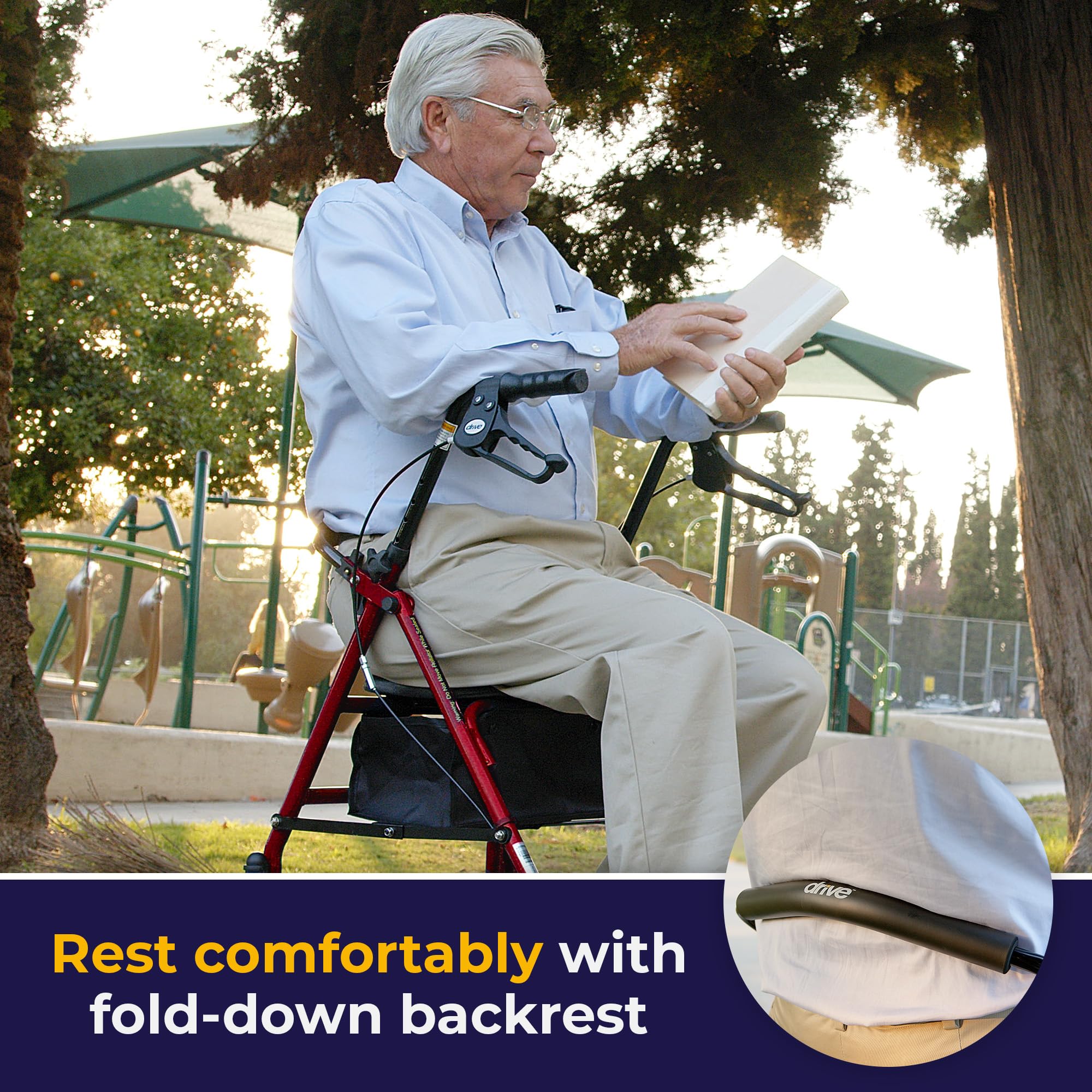 Drive Medical Rollator Walker with Seat - Stable Mobility Support - Height Adjustable - Durable Steel Frame Construction - Smooth 7.5" Wheels - Foldable Frame - 350 Lb Limit - Red