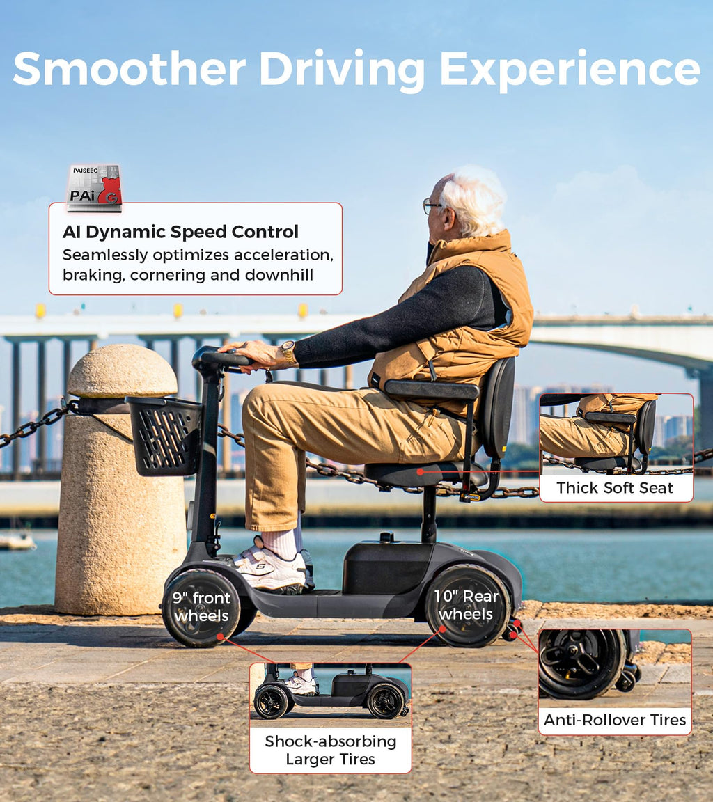 Paiseec S1 Mobility Scooter for Adults, Seniors - 25 Miles Range, 6 mph, Powered Mobility Scooter with Good Legroom, Large Wheels for Outdoor, Smart Safety Features, Headlight, Basket