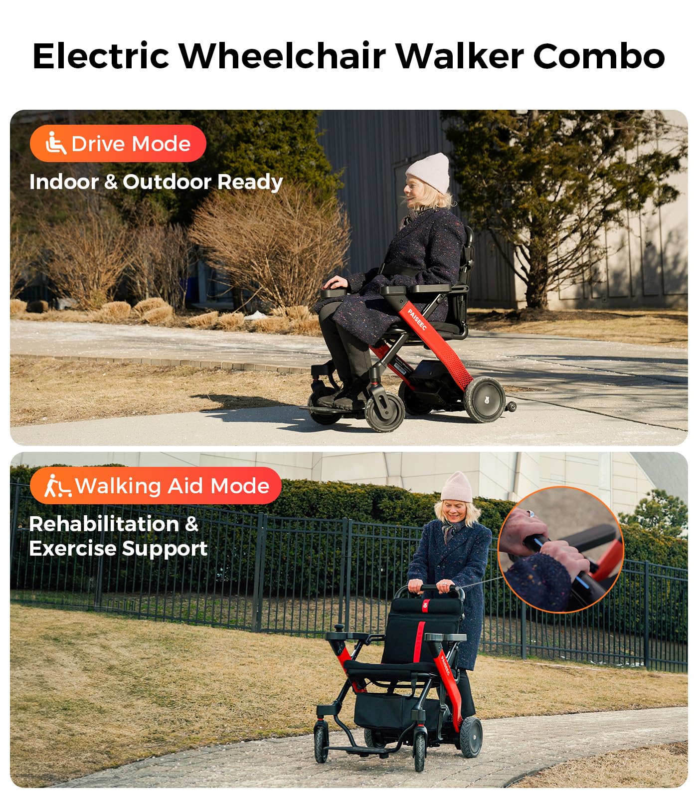 Foldable Electric Wheelchair for Adults & Seniors, Power Wheelchair Walker Combo with Height-Adjustable Handles, Airline Approved, Travel Size, 18 Miles Range, Motorized Wheelchair, Red, Paiseec W1