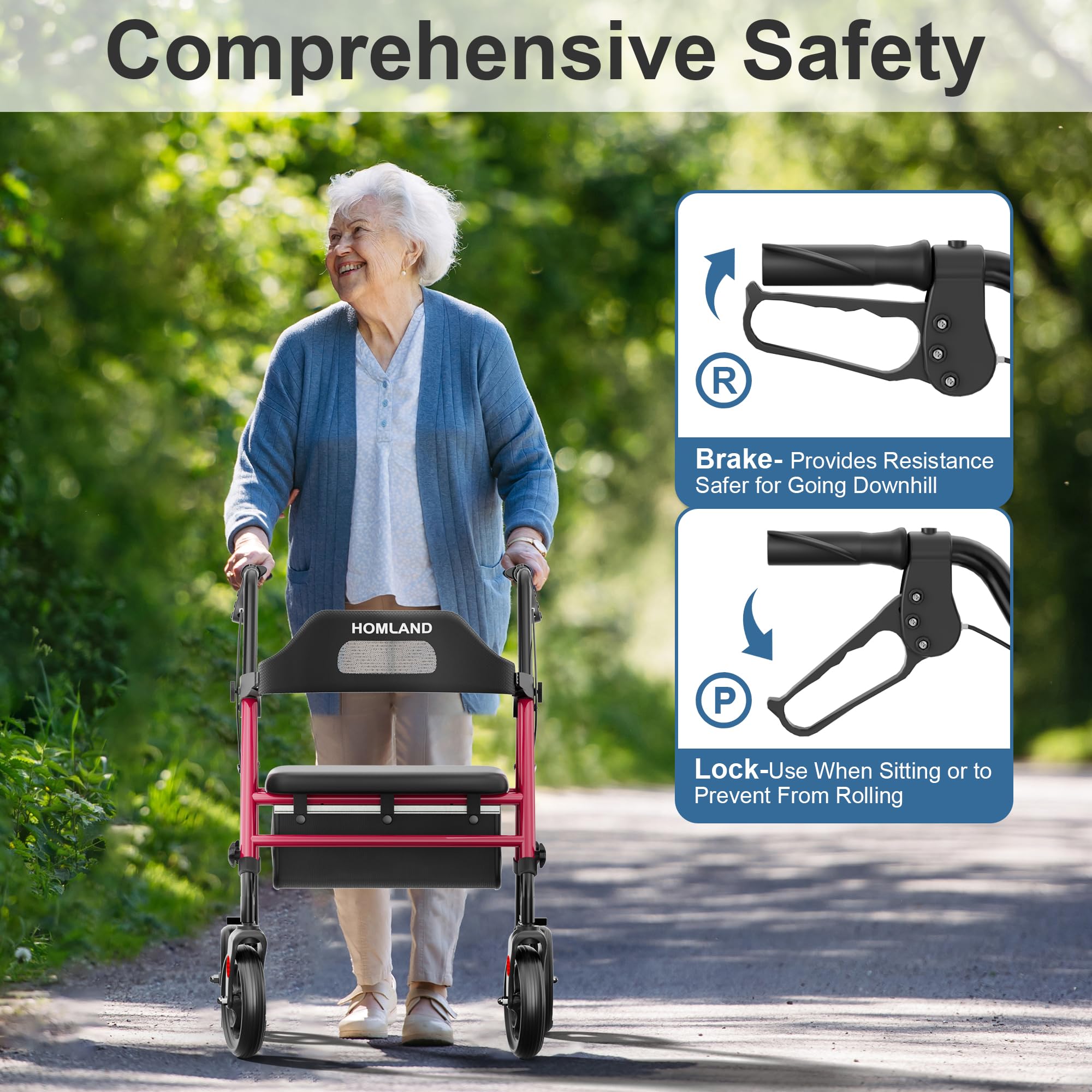 HOMLAND Foldable Rollator Walkers with Seat for Seniors, 8'' Big Wheels, 350 lb. Weight Capacity, Adjustable Handles and Seat Height, Lightweight Rolling Walker, Red