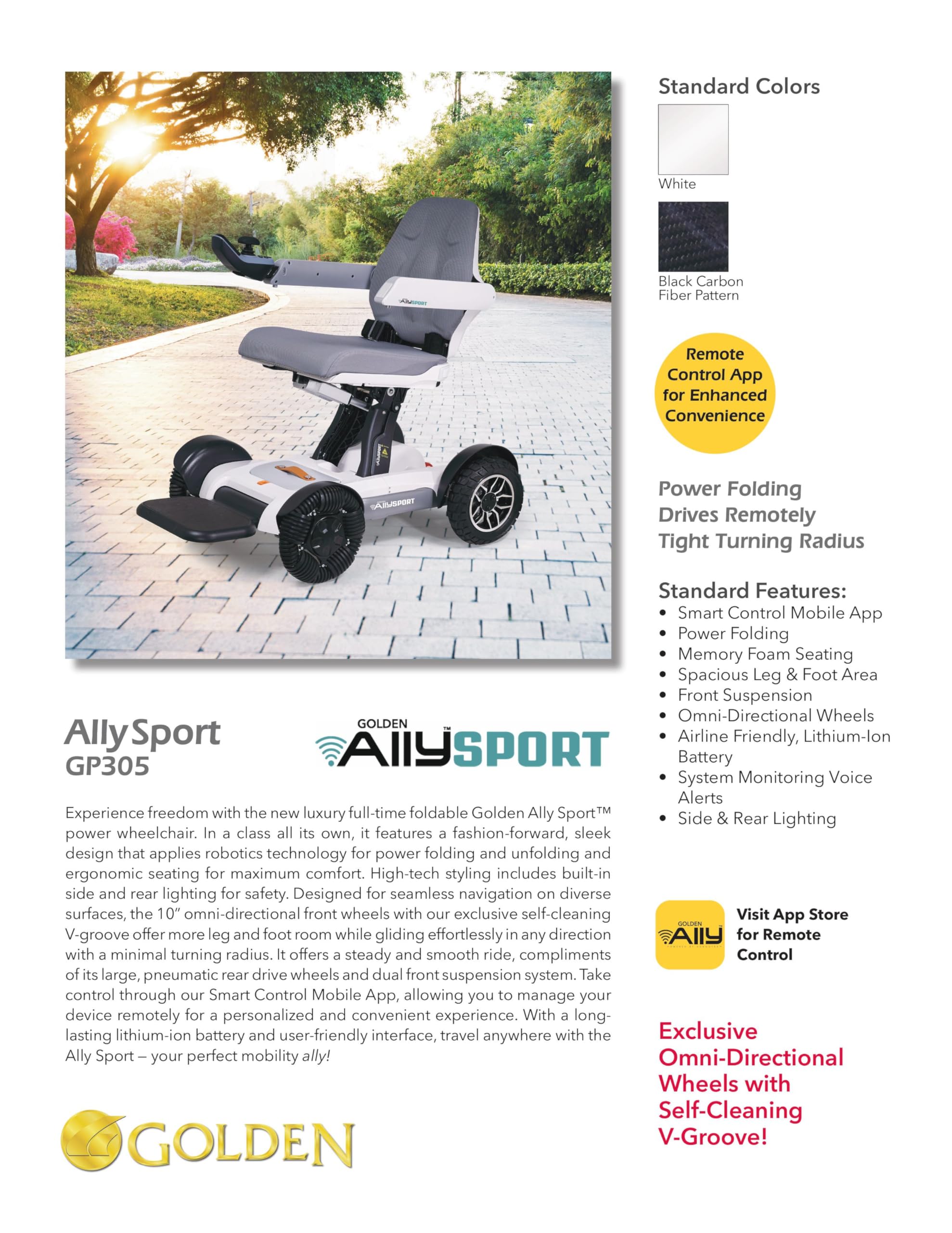 Golden Technologies Ally Sport - Automatic Folding Power Wheelchair w/ 10" Omni-Directional Front Wheels - Airline Approved - Suspension - 30" Turning Radius - Smart Control App (White)