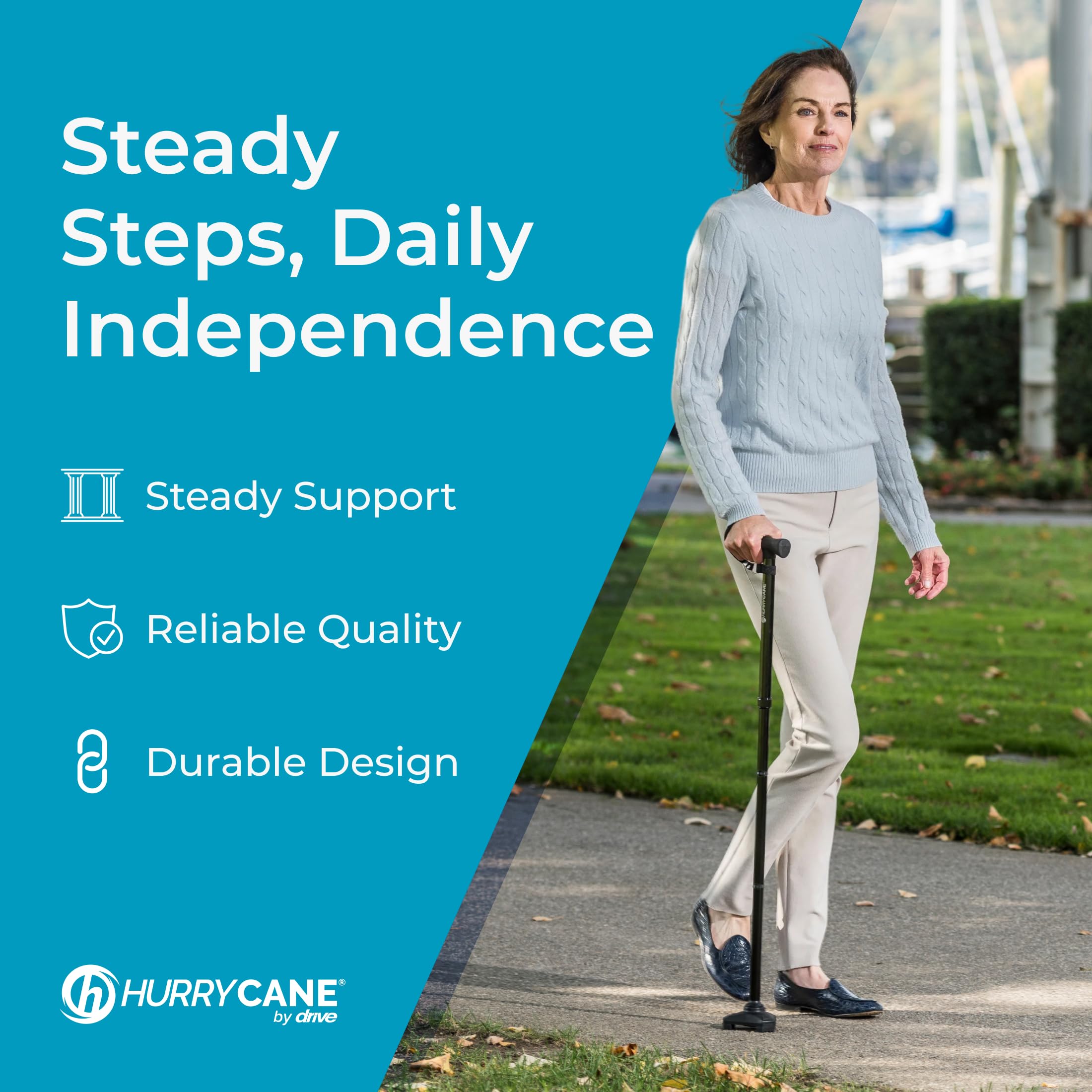 HurryCane Freedom Edition Foldable Walking Cane With T Handle - Enhanced Mobility Support - Patented SteadiGrip Base - Adjustable Height - Lightweight Foldable Design - Black