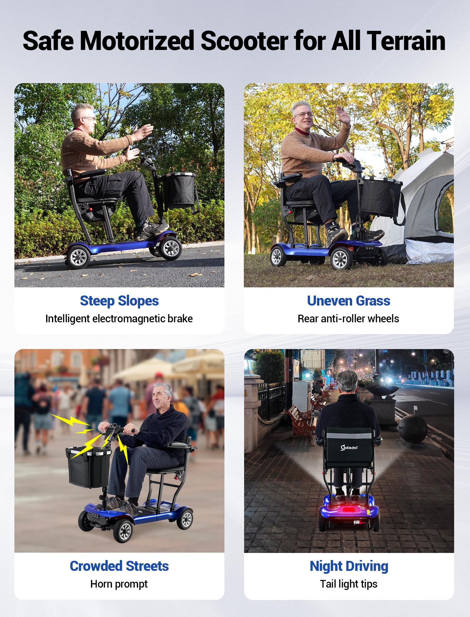 4 Wheel Mobility Scooter, Electric Mobility Scooter for Adults, Driving 22 Miles, Airlines Approved, Foldable Scooter w/249WH*2 Batteries Charger Under Seat Storage Dustproof Cover (Blue)